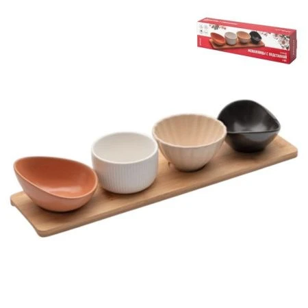 Менажница 4 секции 70/75/150/155мл керамика Scenario на бамбук.подставке 36*9,5*1см SCN-04 (10)