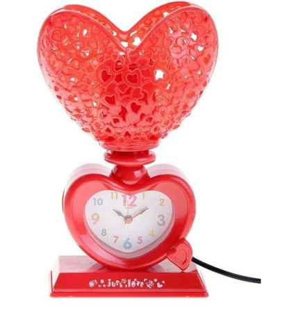Лампа настольная с часами с плафоном Сердце красное от 220v 14*26см 127092