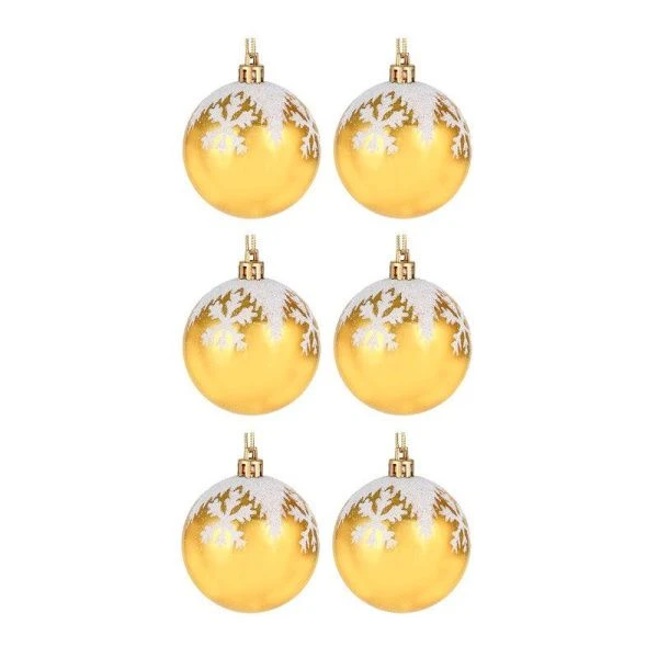 Набор шаров 6шт 6см с декором , золото с белым, пластик СНОУ БУМ