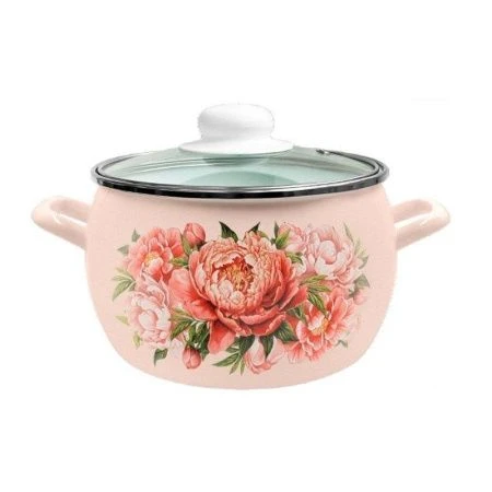 Кастрюля 2л эмаль БУКЕТ ПИОНОВ сферическая жемчужная стекл.крышка С-4210САП2/4Жм (4)