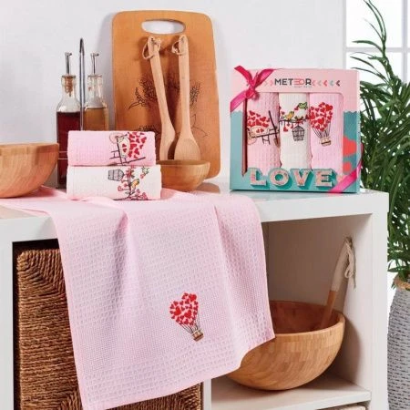 Салфетки кухонные вафельные 3шт. 40*60см METEOR LUX СЕРДЦЕ 270гр в подар.уп.