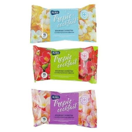Влажные салфетки АУРА ТРОПИК 15шт антибактериальные (110)