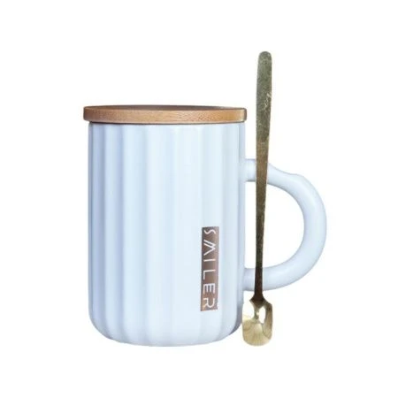 Кружка 350мл керамика с дер.крышкой и мет.ложкой белая CRB-176-A (60)