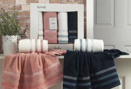 яяяНабор полотенец махровые Karna SALSA (50*80*2/70*130*2) 1/4 (Синий-(Саксен)-Абрикосовый)