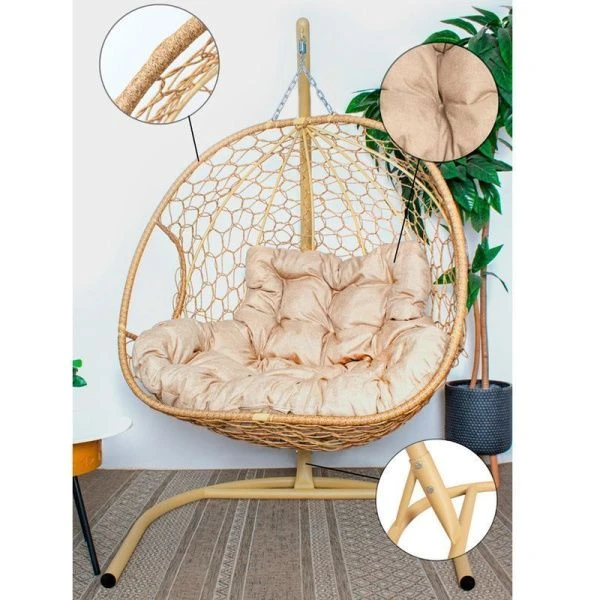 Кресло подвесное Для двоих Home с ротангом 120*125*190см металл бежевое Лен подушка (max нагр.160кг)