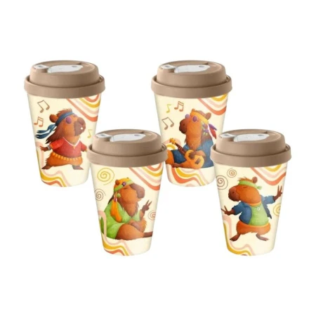 Стакан 420мл пластик с клапаном с декором Капибары бежевый с крышкой (24) 223107027/01