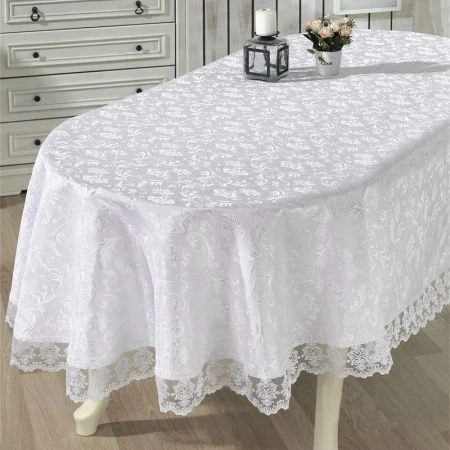 Скатерть 160*280см полиэстер с гипюром овальная Karna LEDA (Белый)