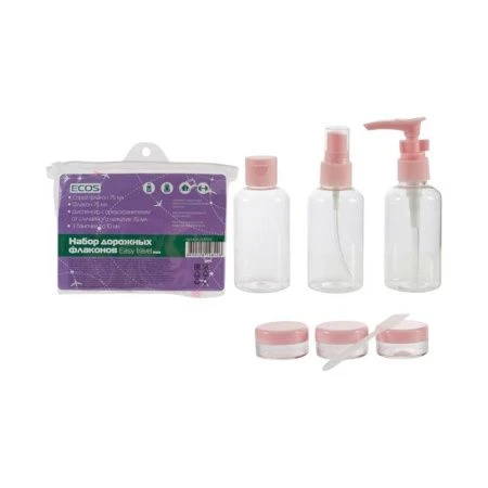 Дорожный набор 6пр (2 флакона 75мл, диспенсер 75мл, 3 банки 10мл) пластик Easy travel max (12/192)