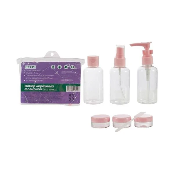 Дорожный набор 6пр (2 флакона 75мл, диспенсер 75мл, 3 банки 10мл) пластик Easy travel max (12/192)