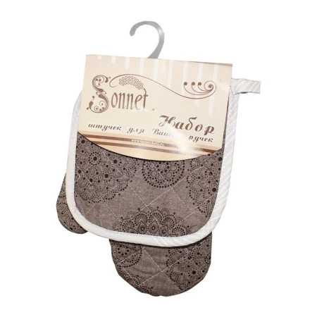 Кухонный набор 2пр (прихватка, рукавица) лён ТАРЕЛОЧКИ КОРИЧНЕВЫЙ LeSonnet арт. 8 ВЫВОД