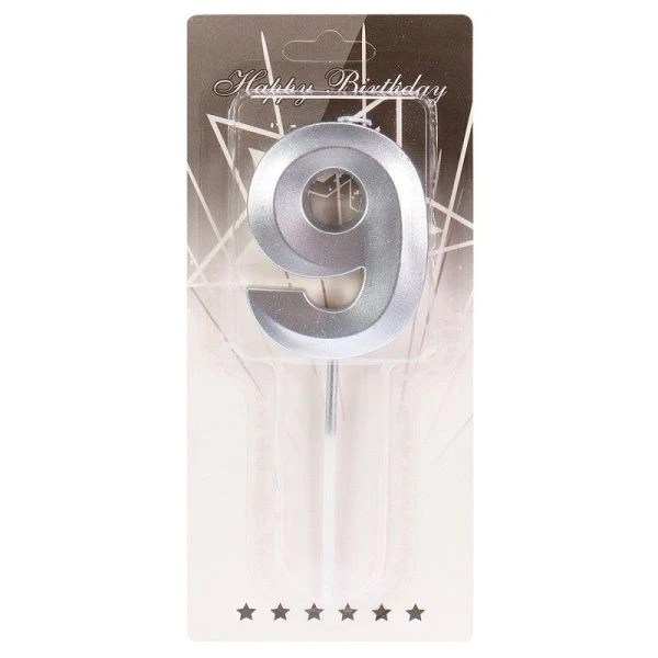 Свеча для торта Серебряный стиль Цифра 9 С-2981