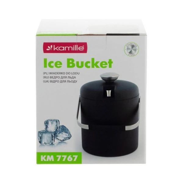 Ведерко для льда с крышкой 1,3л нерж.сталь щипцы, поддон с отверстиями, черный, арт. 7767 (12)