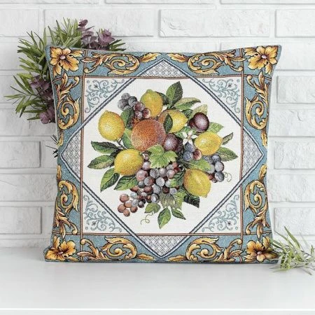 Наволочка декоративная гобелен 45*45см с голубым бордюром Фруктовое ассорти
