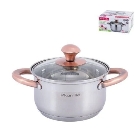 Кастрюля 1,5л нерж.сталь со стекл.крышкой 16см медными ручками индукция арт.4930 (4)