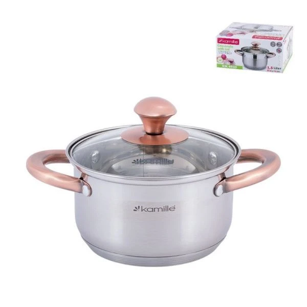 Кастрюля 1,5л нерж.сталь со стекл.крышкой 16см медными ручками индукция арт.4930 (4)