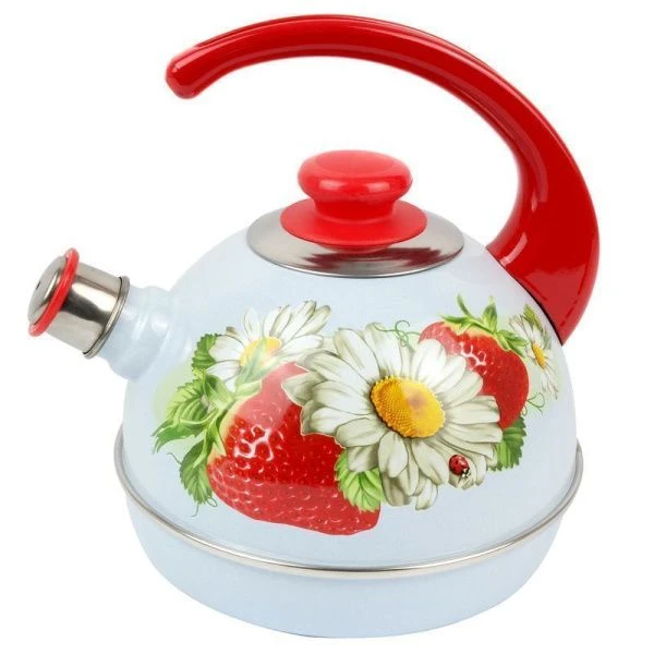 Чайник со свистком 3,5л эмаль КЛУБНИКА с ромашкой серо-голубой конс.ручка красная декор нерж (4)