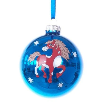 Игрушка новогодняя на елку Шар с лошадкой стекло 8*8*9см синий (6/72)