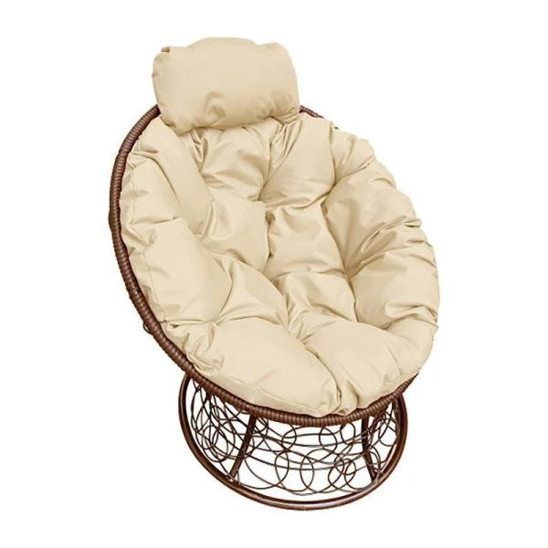 Кресло Папасан мини с ротангом металл коричневое, бежевая подушка 81*77*68см (max нагр. 120кг)