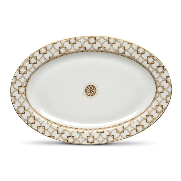 Блюдо 36*24см фарфор Deco бело-бежевое с золотистым кантом Круги и квадраты овальное подар.уп. PM-01