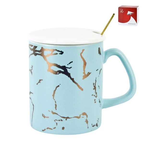 Кружка 380мл фарфор ГОЛУБОЙ МРАМОР с крышкой и ложкой подар.уп. (60)