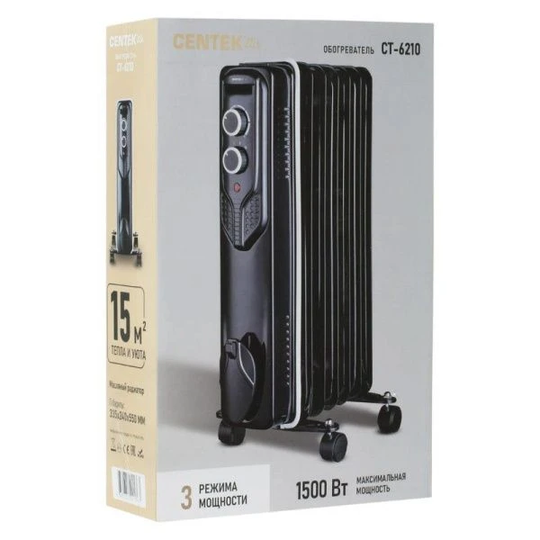 Обогреватель масляный Centek CT-6210 черный 1500Вт 15м, 7 секц, 3 реж, защ. от перегрева, термометр Обогреватель масляный Centek CT-6210 черный 1500Вт 15м, 7 секц, 3 реж, защ. от перегрева, термометр