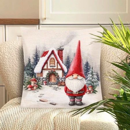 Наволочка декоративная новогодняя 44*44см гобелен ГНОМЫ Домик белый серебряный люрекс