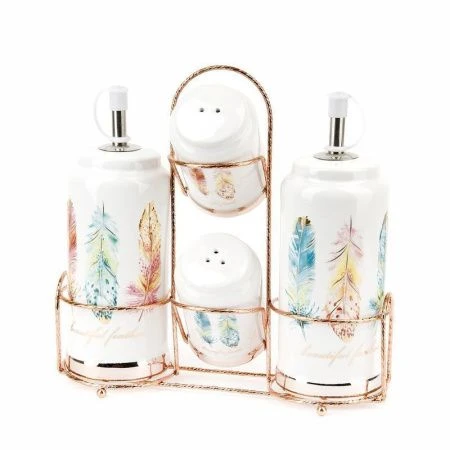 Набор для специй 4пр 20*9*19см керамика ПЕРЬЯ (солонка, перечница, бутылки д/масла и уксуса) (12) ВЫВОД