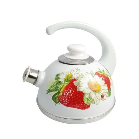 Чайник со свистком 2,5л эмаль  КЛУБНИКА С РОМАШКОЙ конс.ручка бел. белый (декор нерж.) Т04/25/03/05/Н03 (4)