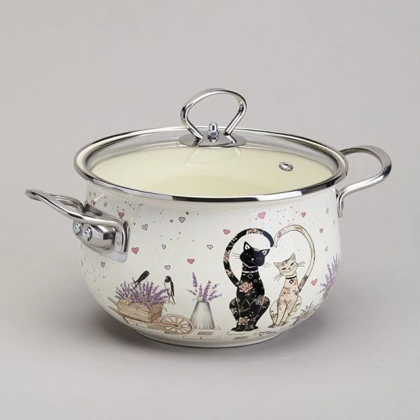 Кастрюля 2,8л эмаль Lavander Cats со стекл.крышкой 20см (6)