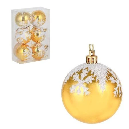 Набор шаров 6шт 6см с декором , золото с белым, пластик СНОУ БУМ