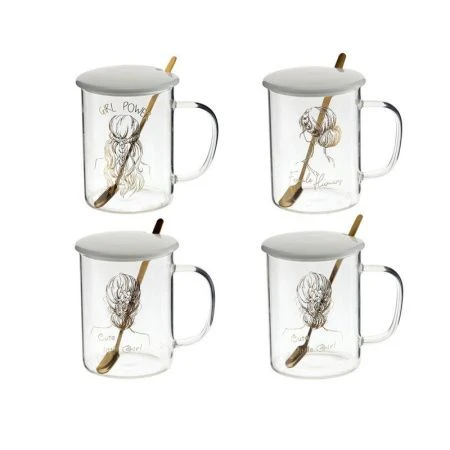 Кружка 500мл стекло Girl с фарф.крышкой, мет.ложкой 4 вида подар.уп. (80)