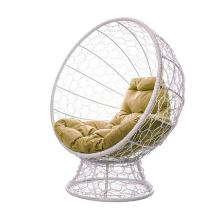 Кресло Кокос на подставке с ротангом 160*170*98см металл белое, бежевая подушка