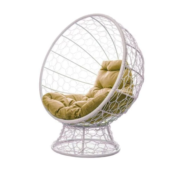 Кресло Кокос на подставке с ротангом 160*170*98см металл белое, бежевая подушка