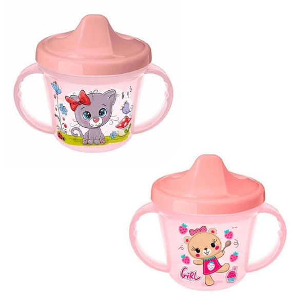 Поильник детский 200мл пластик розовый с ручками и декором (12)