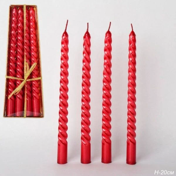 Набор свечей 4шт 20см парафин витые глянцевые красный MG-103 (144)
