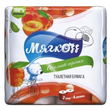 Бумага туалетная МЯГКОФФ 4шт белая с принтом 2-х слойная с втулкой с ароматом персика  ТБ,М,2,4,18 вт (12)