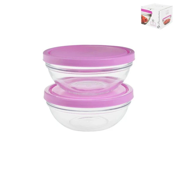 Салатники набор 2пр 17см 1л стекло ШЕФС с розовой крышкой (12/144)