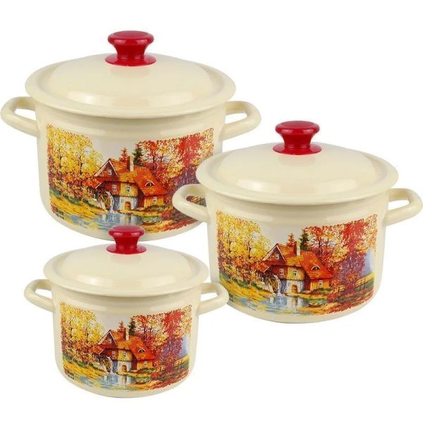 Набор кастрюль 3пр 2/3/4л эмаль СТАРАЯ МЕЛЬНИЦА-1 слон.кость цилиндрический