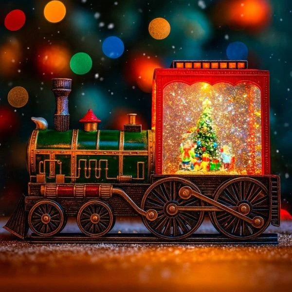 Фонарь новогодний музык. со снегом,водой и хороводом Паровоз 19*28*10см usb, от батареек (в комплект