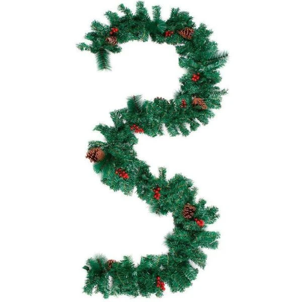 Ёлочная гирлянда шишками и красными ягодами, пышная 3 м,300 веток. НГУ-5552