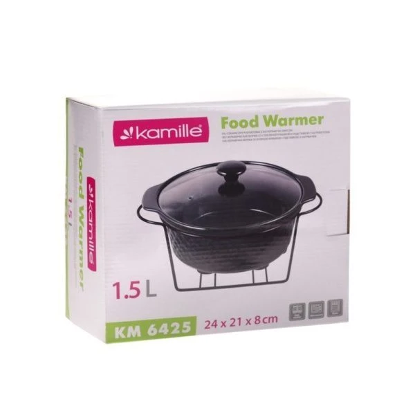 Мармит 1,5л 24*21*8см керамика круглый 2 свечи мет.подставка черный арт.6425 (4)