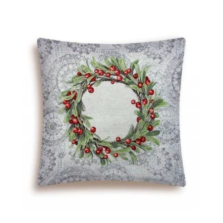 Наволочка декоративная новогодняя 45*45см гобелен НОВОГОДНИЕ ЯГОДЫ серо-голубой фон