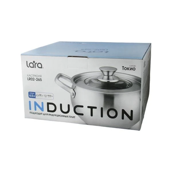 Кастрюля 6,5л нерж.сталь ТОКИО стекл.крышка 24см, h14,5см, индукц.капс.дно LR02-265 (4)