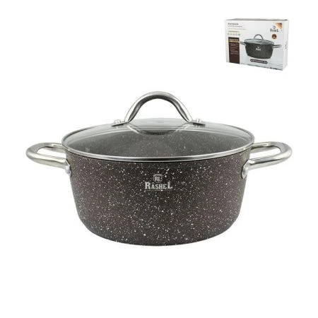 Кастрюля 5л литая алюминий АП гранитно-каменное со стекл.крышкой 26см коричневая индукция (6)