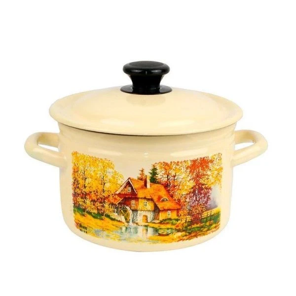 Кастрюля 3л эмаль СТАРАЯ МЕЛЬНИЦА цилиндрическая борт. слон.кость с рис. 41704-122/6-У (4)