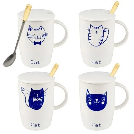 Кружка 400мл 11*8*11,5см фарфор с крышкой и ложкой 4 вида (60)