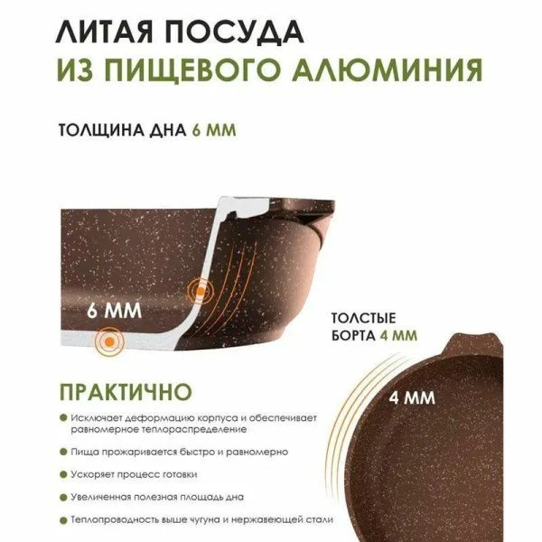 Сковорода 26см алюминий АП ГРАНИТ BROWN несъемная ручка стекл.крышка (5)
