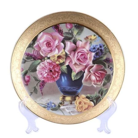 яяяТарелка декоративная настенная 20см с подставкой РОЗЫ В ВАЗЕ (48)