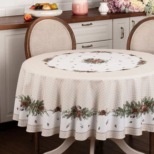 Скатерть новогодняя круглая хлопок/твил 190см Celebration бежевый клетка