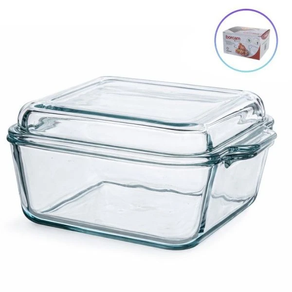 Кастрюля для запекания 1000мл стекло БОРКАМ квадратная с крышкой (6)